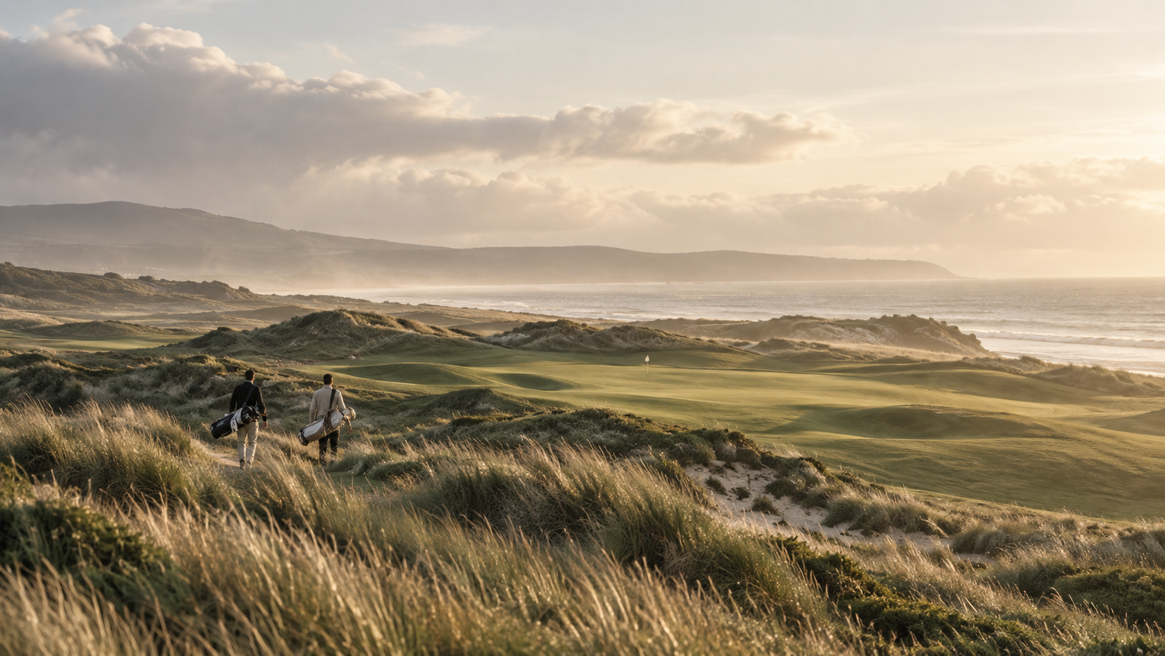 Coastal links golf course at golden hour