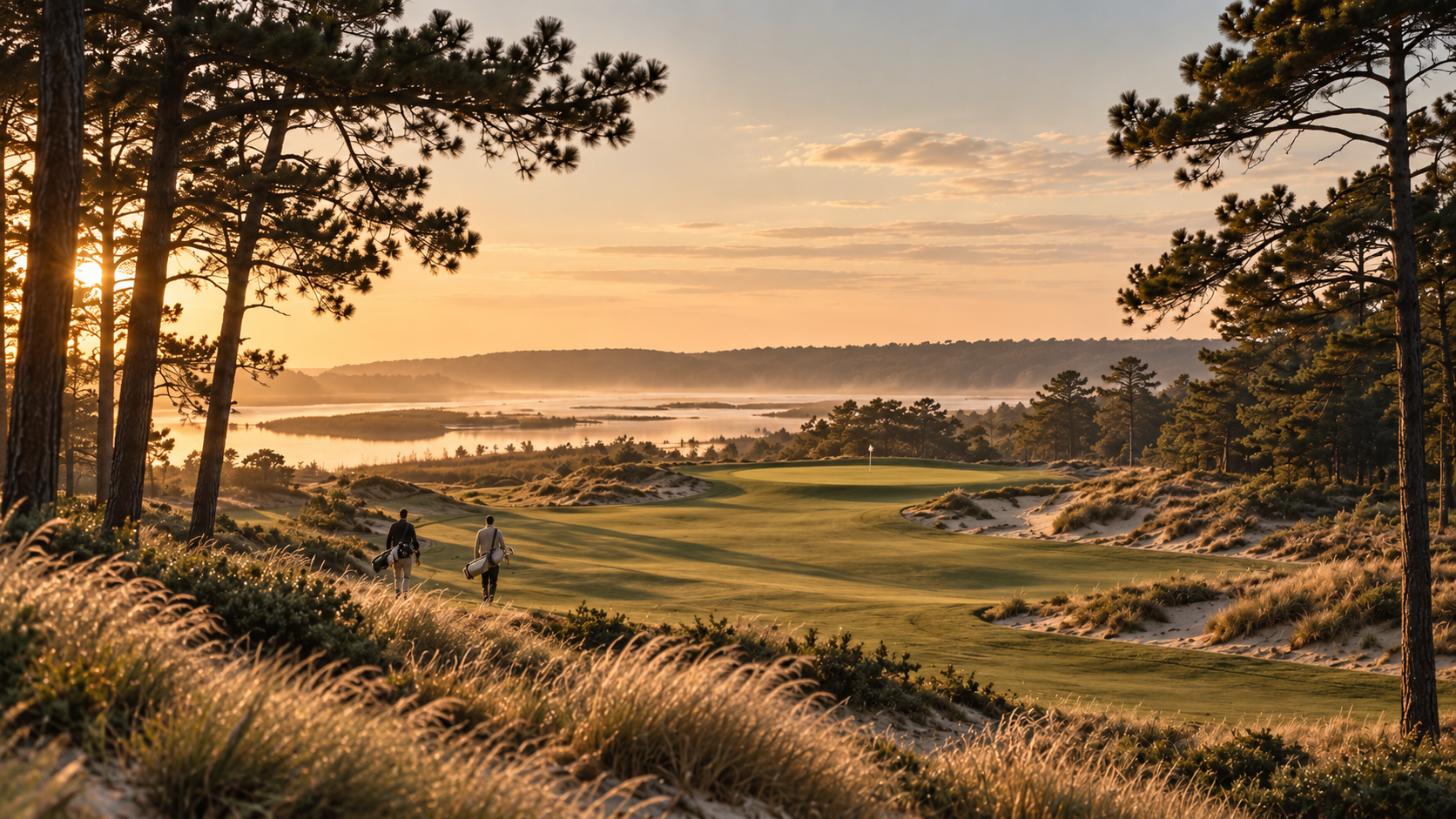 Golf course framed by pine trees and dunes at golden hour